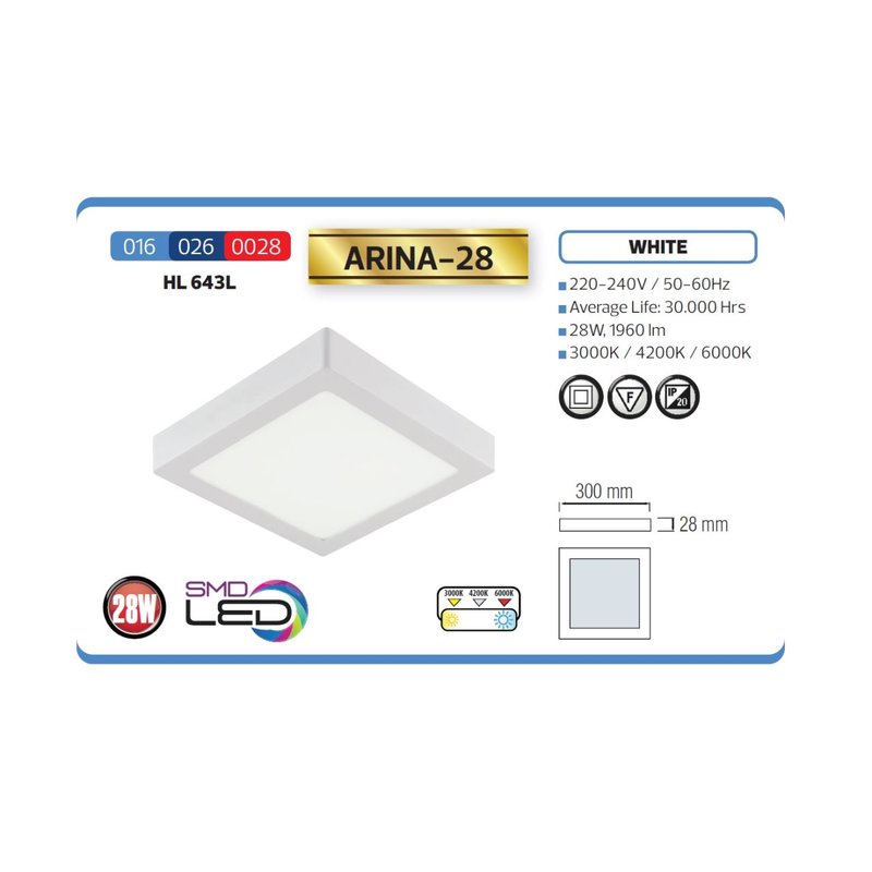 Panou led Arine-28, patrat, lumina naturala, 28W,